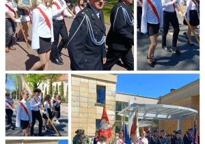 Zbiór kilku zdjęć pokazujący udział pocztu sztandarowego szkoły w gminnej uroczystości upamiętniającej 235. rocznicę uchwalenia Konstytucji 3 Maja.