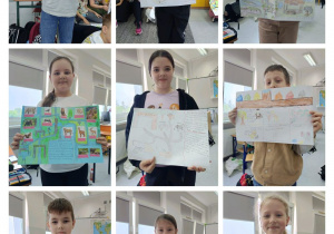 Zdjęcie przedstawia uczniów klasy 3 C prezentujących swoje projekty o londyńskim zoo.