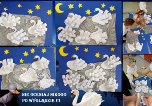 Na zdjęciu widoczne są wykonane przez uczniów łabędzie. Dzieci przyklejają sylwety ptaków na duże granatowe kartony, na których znajduje się srebrne jezioro wykonane z papieru oraz gwiazdy i księżyc.