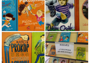 Kolaż zdjęć przedstawiający wystawę książek pt. "Z telewizji do biblioteki".