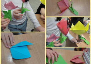 Tulipany wykonane techniką origami. Prace wykonane w grupie VI pod opieką Pani A. Ruty.