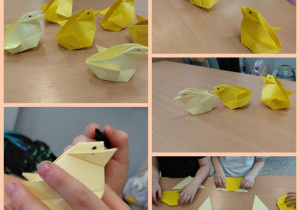 Kurczaczki wykonane techniką origami. Prace wykonane w grupie VI pod opieką Pani A. Ruty.