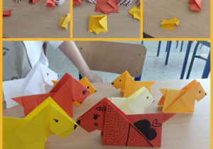 Pieski wykonane techniką origami. Prace wykonane w grupie VI pod opieką Pani A. Ruty.