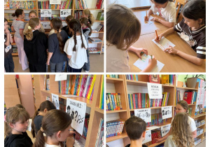 Czytelnicy biblioteki szkolnej rozwiązują zagadki konkursowe.