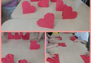 Czerwone serca wykonane techniką origami. Prace wykonane pod opieką Pani A. Ruty.