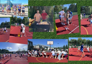 Kolaż zdjęć przedstawiający uczniów i Rodziców podczas zabaw sportowych. Gra w piłkę, turniej drużyn.