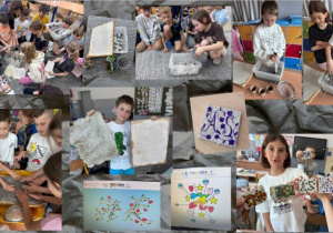 Na zdjęciach uczniowie przygotowują papier czerpany z makulatury (drą go, zalewają wodą, miksują, a następnie rozkładają na sicie), a po wyschnięciu ozdabiają go własnymi inicjałami z motywami inspirowanymi dawnymi księgami. Widać także, jak projektują kolorowe, dekoracyjne litery w programie Paint, łącząc tradycyjne techniki z cyfrową kreatywnością.