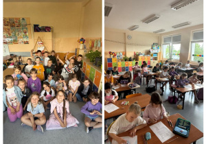 Kolaż zdjęć przedstawiający zajęcia czytelnicze zorganizowane w klasie 1D.