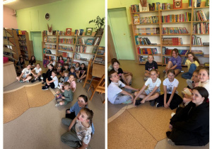 Kolaż zdjęć przedstawiający zajęcia czytelnicze zorganizowane w bibliotece szkolnej.
