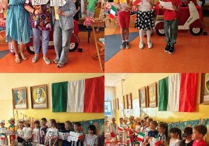 Kolaż zdjęć uczniów klasy 1 b prezentujących włoskie stroje, flagę, tradycyjne potrawy i wykonane przez siebie plakaty w ramach Dnia Różnorodności Kulturowej.