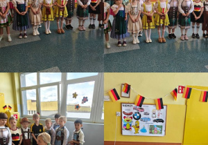 Kolaż zdjęć uczniów klasy 1 c prezentujących niemieckie stroje, flagę, tradycyjne potrawy i wykonane przez siebie plakaty w ramach Dnia Różnorodności Kulturowej.