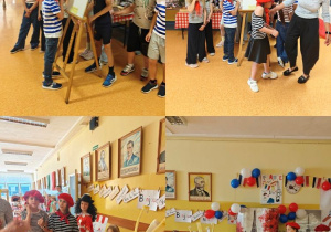 Kolaż zdjęć uczniów klasy 2 b prezentujących francuskie stroje, flagę, tradycyjne potrawy i wykonane przez siebie plakaty w ramach Dnia Różnorodności Kulturowej.