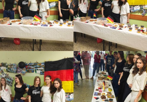 Kolaż zdjęć uczniów klasy 7 b prezentujących niemieckie stroje, flagę, tradycyjne potrawy i wykonane przez siebie plakaty w ramach Dnia Różnorodności Kulturowej.