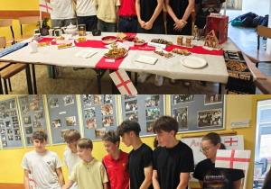 Kolaż zdjęć uczniów klasy 8 b prezentujących angielskie stroje, flagę, tradycyjne potrawy i wykonane przez siebie plakaty w ramach Dnia Różnorodności Kulturowej.