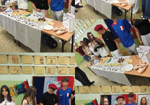 Kolaż zdjęć uczniów klasy 8 c prezentujących francuskie stroje, flagę, tradycyjne potrawy i wykonane przez siebie plakaty w ramach Dnia Różnorodności Kulturowej.
