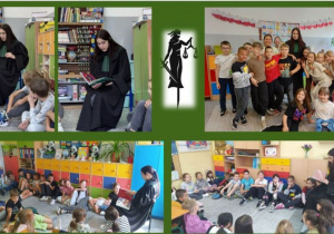 Kolaż zdjęć przedstawiający spotkania klas z adwokatem