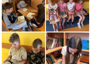 Kolaż zdjęć ukazujący uczniów czytających książki