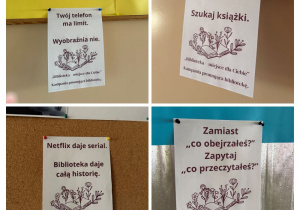 Kolaż zdjęć przedstawiający hasła kampanii promującej bibliotekę szkolną