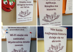 Kolaż zdjęć przedstawiający karty z hasłami rozmieszczone w różnych miejscach naszej szkoły