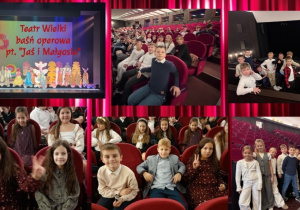 Kolaż zdjęć przedstawia uczniów siedzących na widowni teatru przed rozpoczęciem przedstawienia. Jeden z kadrów ukazuje również końcową scenę opery, podczas której śpiewacy żegnają się z publicznością.