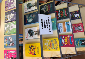Zdjęcie przedstawia wystawę książek w bibliotece szkolnej.