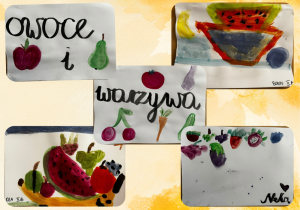 Owoce i warzywa malowane farbami. Prace wykonane pod opieką Pani P. Grabowskiej.