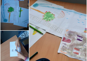 Kolaż zdjęć przedstawiający proces powstawania pracy według własnego pomysłu uczennic. Na białym kartonie narysowano tęczę, deszcz, domek, drabinę oraz drzewo z owocami.