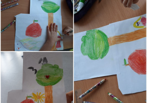 Kolaż zdjęć przedstawiający proces powstawania pracy według własnego pomysłu uczennic. Na białym kartonie narysowano drzewo, jabłko, kwiatek, dziewczynkę i ptaki w locie.