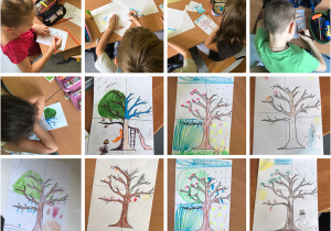 Dzieci z klasy 1c malujące drzewa z czterema porami roku i ich prace.