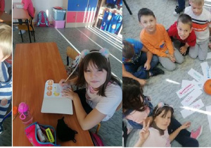 Zdjęcie przedstawia dzieci podczas edukacji polonistycznej i matematycznej.