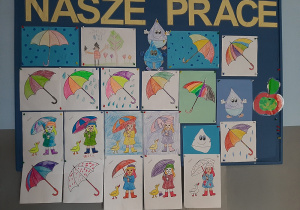 Tablica korkowa- wystawa prac zatytułowana „Deszczowa pogoda”. Wśród prac kolorowanki: kolorowe parasolki, dziewczynka z parasolką.