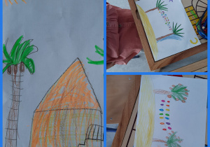 Kolaż zdjęć przedstawiający rysunki uczniów. Domek i palma.