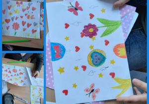 Kolaż zdjęć przedstawiający rysunki uczniów. Kwiaty, serduszka i gwiazdki.
