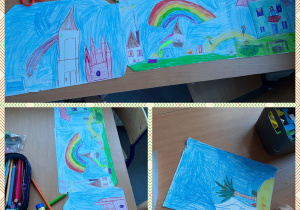 Kolaż zdjęć przedstawiający rysunki uczniów. Zamek, domki, plac zabaw i tęcza.