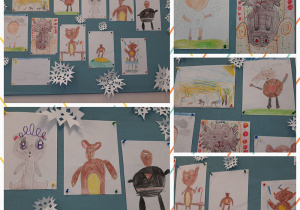 Kolaż zdjęć przedstawiający wystawę prac uczniów zatytułowaną „Mój miś”. Na tablicy korkowej są przypięte papierowe śnieżynki oraz rysunki dzieci. Rysunki te przedstawiają misie na tle przyrody, w fotelu, a nawet na biurku. Misie są w kolorze brązowym, jednak jeden z nich ma czarny kostium.