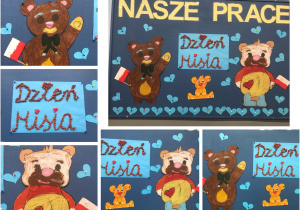 Wystawa prac uczniów z klasy 2b i 1a przedstawiająca misie wykonane z okazji Dnia Misia.