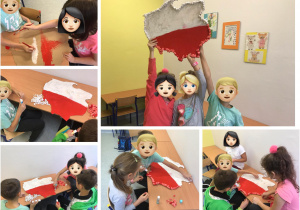 Uczniowie z klasy 2b prezentujący swoją pracę. Uczniowie malowali mapę Polski wyciętą z kartonu kolorami Polskiej flagi, a następnie wyklejali kontury mapy białymi i czerwonymi kulkami z bibuły.