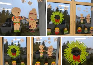 Świetlicowe okna ozdobione świątecznym łańcuchem wykonanym z rączek dzieci i czerwoną kokardą oraz chłopczyk i dziewczynka łapiący płatki śniegu.