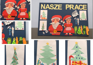 Świąteczna tablica przedstawiająca Mikołaja i panią Mikołajową, świąteczne elfy, choinki, prezenty i śnieżynki.