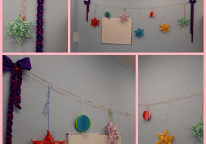 Kolaż zdjęć przedstawiający dekorację świąteczną na ścianie. Do wstążki przyczepione są różnokolorowe gwiazdy z papieru, bombki i łańcuchy z kokardami.
