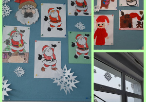 Kolaż zdjęć przedstawiający wystawę prac świątecznych. Na tablicy korkowej są przypięte kolorowanki ze Świętym Mikołajem oraz prace malowane farbami (Mikołaj, chata z piernika i piernikowy ludzik). Cała tablica ozdobiona jest papierowymi śnieżynkami. Takie same śnieżynki znajdują się w oknach sali.