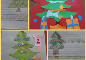 Prace uczniów z pierwszej klasy. Na kolażu zdjęć widzimy wycinankę z kolorowego papieru oraz rysunki choinek wykonane w zeszytach.