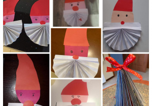 Kolaż ze zdjęć świątecznych prac dzieci. Mikołaje wykonane z kolorowego papieru.