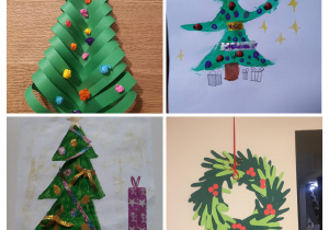 Kolaż ze zdjęć świątecznych prac dzieci. Choinki malowane farbami, rysowane kredkami, wykonane z papieru oraz wieniec świąteczny wykonany z papieru.