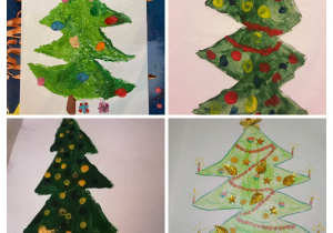Kolaż ze zdjęć świątecznych prac dzieci. Choinki namalowane farbami.