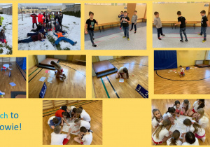 Kolaż zdjęć uczniów klasy IIIc podczas zajęć sportowych. Obok napis: ,,Ruch to zdrowie!".
