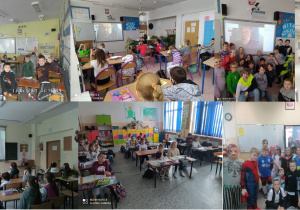 Zdjęcie przedstawia uczniów klas I-III uczestniczących w spotkaniu online z Waldemarem Cichoniem.