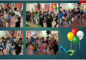 Dzieci przebrane za bohaterów filmowych i bajkowych tańczą w sali lekcyjnej. Niektórzy trzymają w rękach balony.