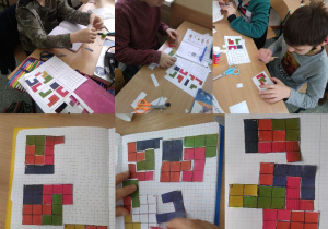Zdjęcie przedstawia uczniów klasy IIIb podczas pracy nad układanką logiczną w stylu ,,Tetris".
