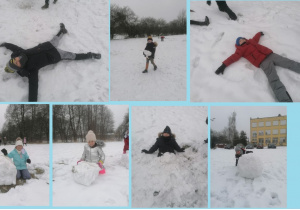Zdjęcie przedstawia kolaż zimowych zabaw na śniegu uczniów klasy 2c.